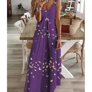 Purple Women's Butterfly Print V-Neck Sleeveless Dress 2XL